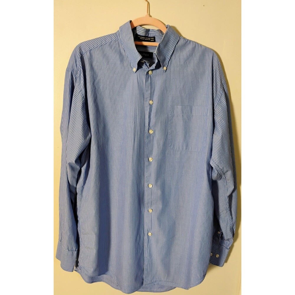 NWOT! Men's Nautica Dress‎ Shirt Button Down Blue/White Striped, Size 16 34/35
